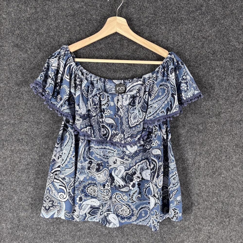Eci Blouse Women L Large Blue Paisley Short Sleeve Round Neck Pullover Casual